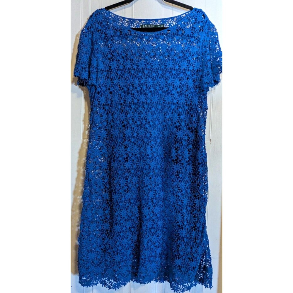 Lauren Ralph Lauren Blue Floral Lace Crochet Sheath Dress Boat Neck 2X Lined